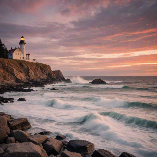 Soft-focus image of a historical lighthouse overlooking a rocky coastline, soft waves crashing against the shore, and a vibrant sunset casting colors across the sky.