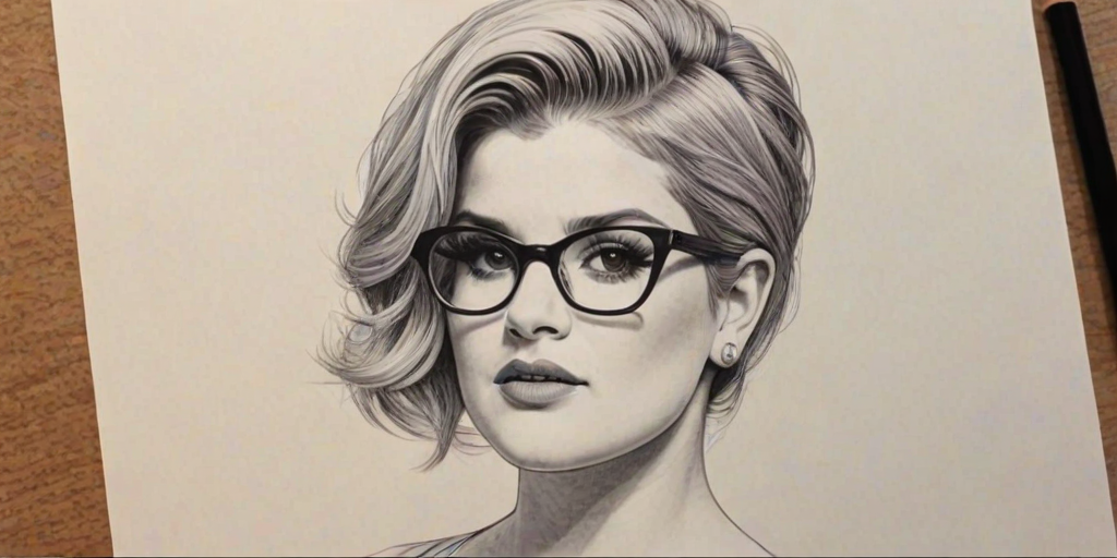 Dazzling Kelly Osbourne, pencil sketch, portrait of Splendid woman 1947s in glasses, hair style beatnik, outline, clear lines, fine lines, 8k