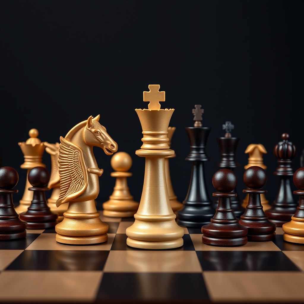 Create a high-resolution image of a chess set featuring detailed pieces including knights, kings, and pawns arranged on a dark background, using a Canon EOS R5 camera with an aperture of f/2.8, ISO 100, and a focal length of 50mm, in portrait orientation with soft diffused lighting for an elegant, polished look.