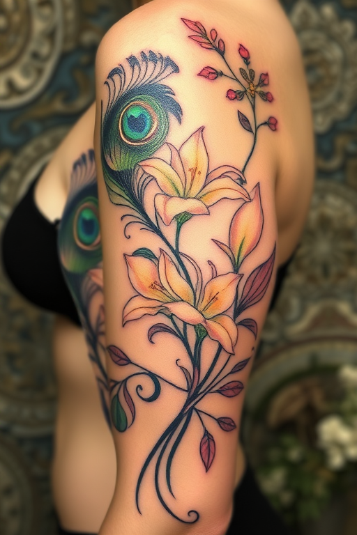 Art nouveau-inspired tattoo titled "Whimsical Whispers" featuring flowing, organic lines and natural motifs such as peacock feathers and lilies, with delicate pastel colors and gold leaf accents