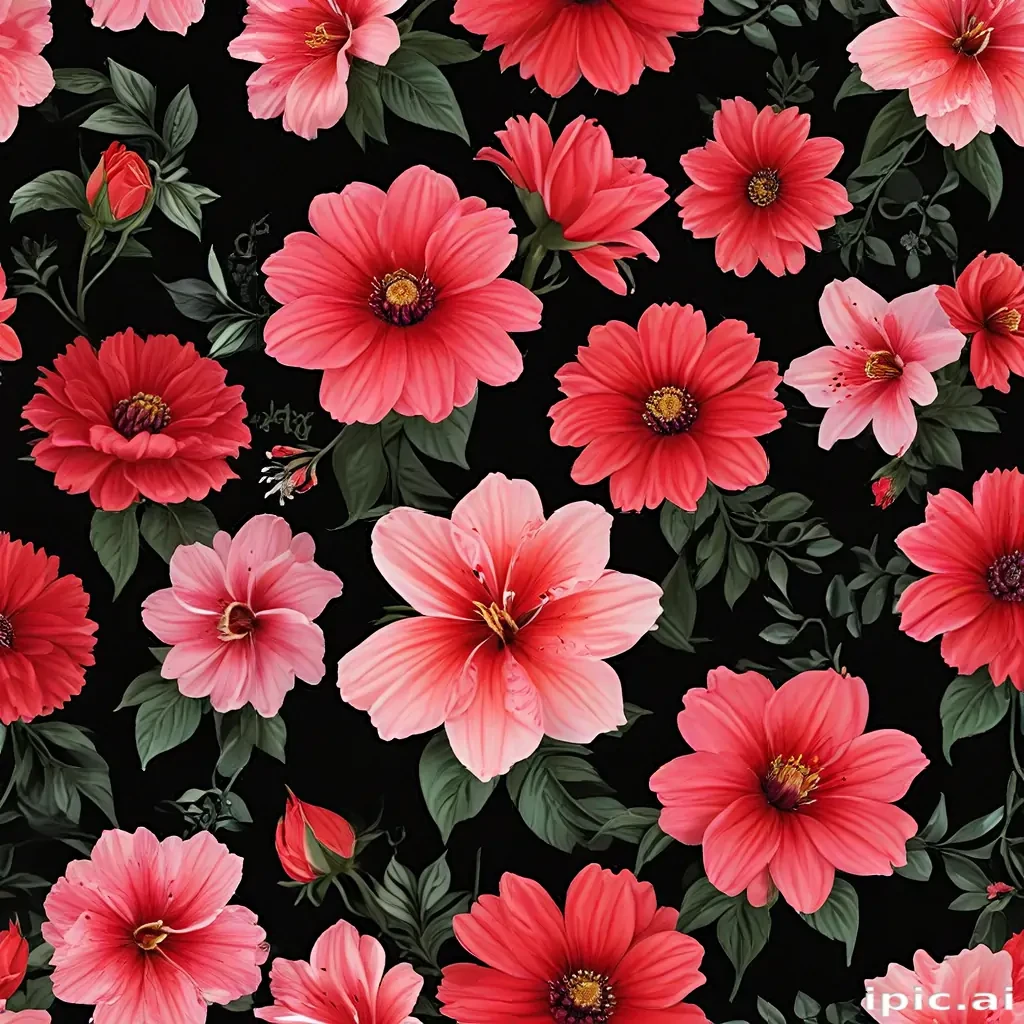 Vibrant Floral Pattern Featuring Various Pink and Red Blossoms on Black ...