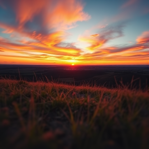 Generate a high-resolution image of a serene landscape at sunset, with vibrant colors in the sky, using a DSLR camera with a 50mm lens, aperture f/1.8, ISO 100, and shot from a low angle to capture foreground details and enhance depth of field.