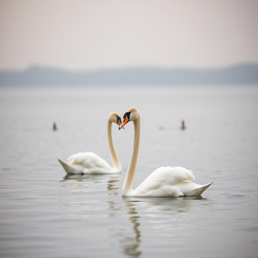 Capture a serene scene of two swans gracefully swimming in a calm water body with a soft, overcast sky in the background, using a Canon EOS R5, 85mm f/1.4 lens, ISO 200, shutter speed 1/250s, with a shallow depth of field to enhance the swans and slightly blur the background.