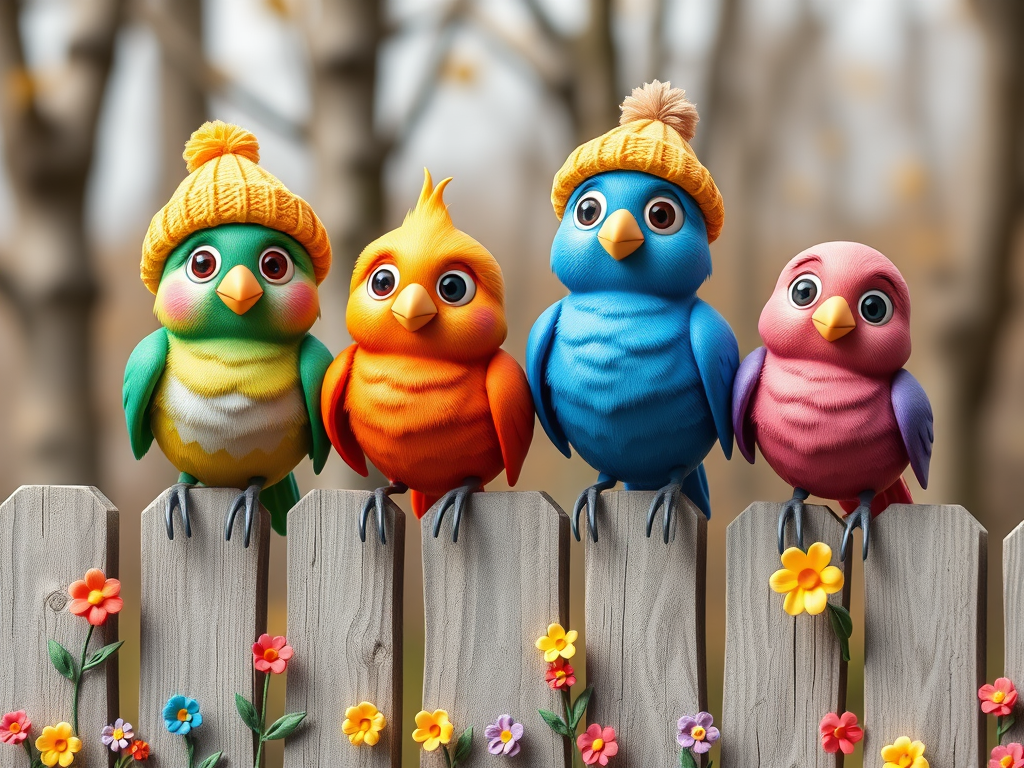 create a scene of 4 quirky  whimsical colourful comical birds each with a funny expression. they are sat on a wooden fence with colourful flowers. they are all different sizes. each one is a different colour  one is wearing a woolly hat. Each one has a different quirky google expression and there is a muted background of trees watercolour paintierly style high definition 8k resolution 3D paper mache
