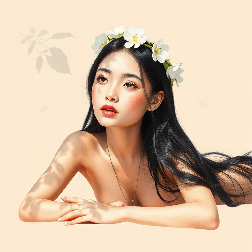 create a watercolor painting of an ethereal portrait of beautiful Lao woman with a simple white flower crown on her head. Her hair is long and she is lying on the ground. The sunlight on the trees casts shadows from the leaves on her face and body. The background is a neutral brown color that matches her skin tone. The image is minimalist and solid colors. This style is characterized by soft, delicate brushstrokes and a light, airy, contrasting color palette. High level of detail and play of light
