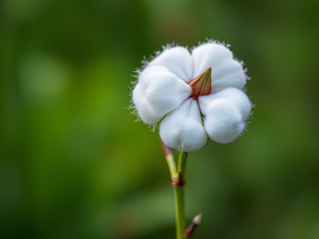 Close-up shot of cotton plant against a blurred green background, using a macro lens, aperture f/2.8, shutter speed 1/200s, ISO 100, natural light, DSLR camera.