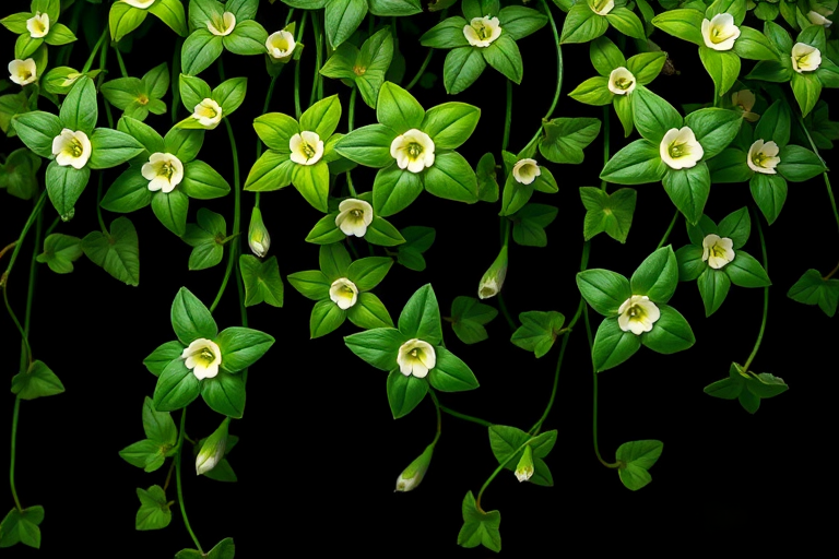 Create a vibrant illustration of green vines with five-pointed flowers and circular white centers, against a clean black background, using digital art techniques with a focus on high contrast, enhanced saturation, and smooth gradients, captured with a Canon EOS R5 at f/2.8, ISO 100, 1/60 sec, in macro photography style to emphasize details.
