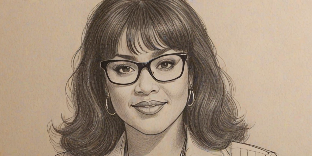 Comely Jackee Harry, pencil sketch, portrait of Delightful woman 1976s in glasses, hair style beatnik, outline, clear lines, fine lines, 8k