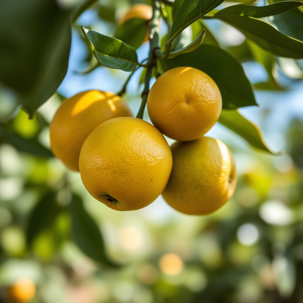close-up shot of green oranges hanging from a tree branch, natural lighting, depth of field, ISO 100, f/4.0, 1/200s, DSLR camera