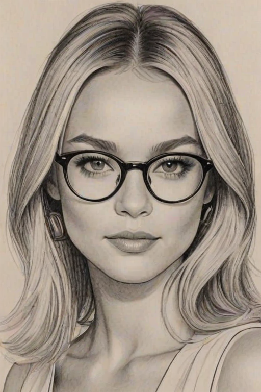 Stunning Madison Iseman, pencil sketch, portrait of Appealing woman 1970s in glasses, hair style beatnik, outline, clear lines, fine lines, 8k