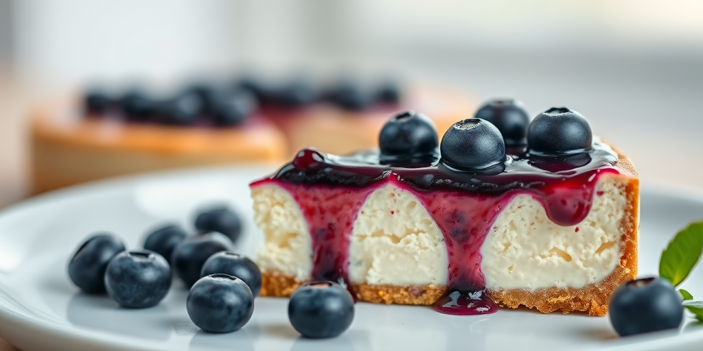 Create an image of a slice of cheesecake topped with a generous layer of blueberries and blueberry sauce, captured with a Canon EOS R5, 50mm lens, f/2.8 aperture, ISO 100, in soft natural light, with a shallow depth of field to enhance the creamy texture and glossy toppings against a softly blurred background.