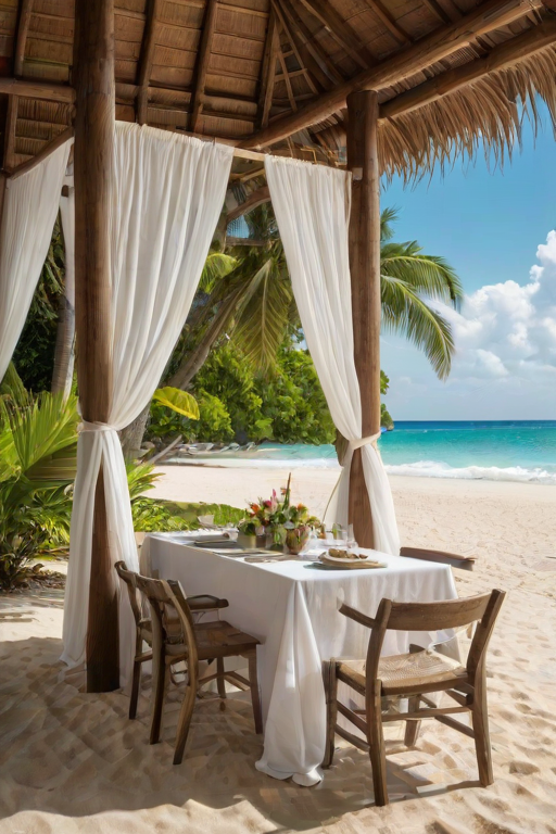 Create a picturesque tropical beach scene featuring a serene, white sandy shore. In the foreground, there's a rustic wooden canopy with white drapes gently flowing in the breeze. Underneath the canopy, a table is set with tropical decor, evoking a sense of relaxation and leisure. The beach extends into a calm, shallow water area with reflections of the sky and surroundings. Palm trees and lush greenery line the edge of the beach, providing a natural, tropical backdrop. The sky is clear with a few scattered clouds, and the overall atmosphere is tranquil and inviting, perfect for a peaceful retreat.