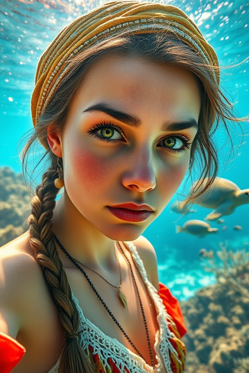 Realistic selfie image of a Romani, wearing a vintage outfit, detailed dreamy eyes, droopy hooded eyes, staring at the camera, taken underwater at coral reef with a sunbeam filtering through the water, vibrant, summer vacation, natural lighting, turtle and school of tropical fish with vibrant colors, rendered in the style of CryEngine, Pegi Nicol MacLeod, with realistic genre scenes, hauntingly beautiful narratives, ultra-realism, and Thomas Saliot's close-up technique, 8K resolution, crystal clear and sparkling water.