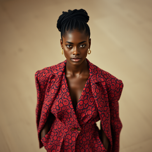 Capture the model from a high angle, emphasizing the outfit’s pattern and silhouette. Use a 35mm prime lens to maintain sharpness and minimize distortion