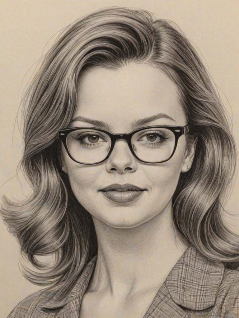 Fascinating Amber Tamblyn, pencil sketch, portrait of Enchanting woman 1959s in glasses, hair style beatnik, outline, clear lines, fine lines, 8k