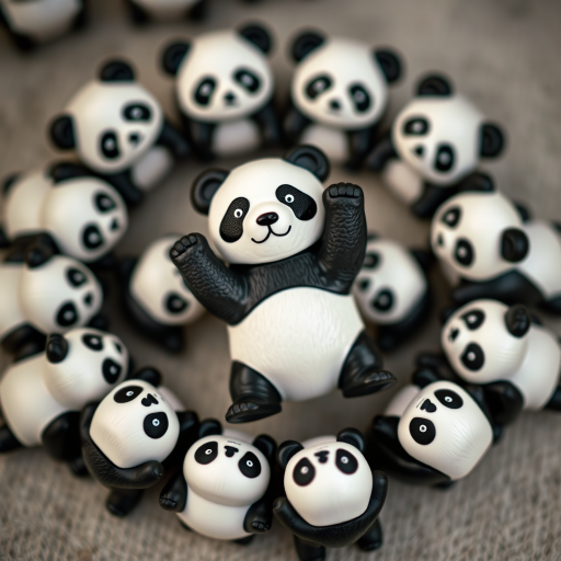 Create an image of multiple playful panda figures arranged in a circular pattern with one panda prominent in the center, using a DSLR camera with a 50mm lens, aperture f/2.8, ISO 200, and a soft focus background to enhance the main subject's detail and clarity.