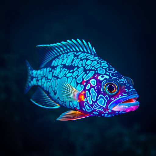 Underwater scene featuring a bioluminescent fish with intricate patterns and vibrant colors, 50mm lens, f/1.8 aperture, ISO 200, shot at 1/200 sec, using a DSLR camera with a macro style.