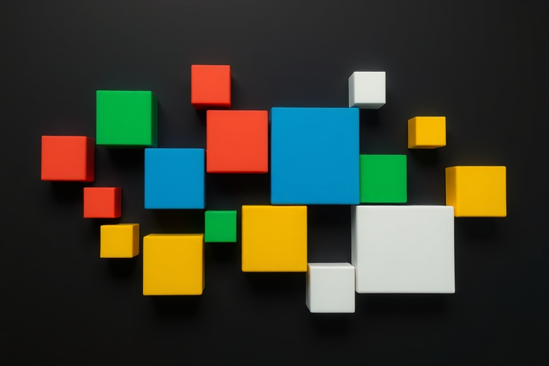 Create a 3D rendering of colorful block shapes (red, blue, green, yellow, orange, white, black) arranged in various positions on a plain black background, using a Canon EOS 5D Mark IV, 50mm lens, aperture f/8, ISO 100, shot at eye level with natural lighting to enhance image quality.