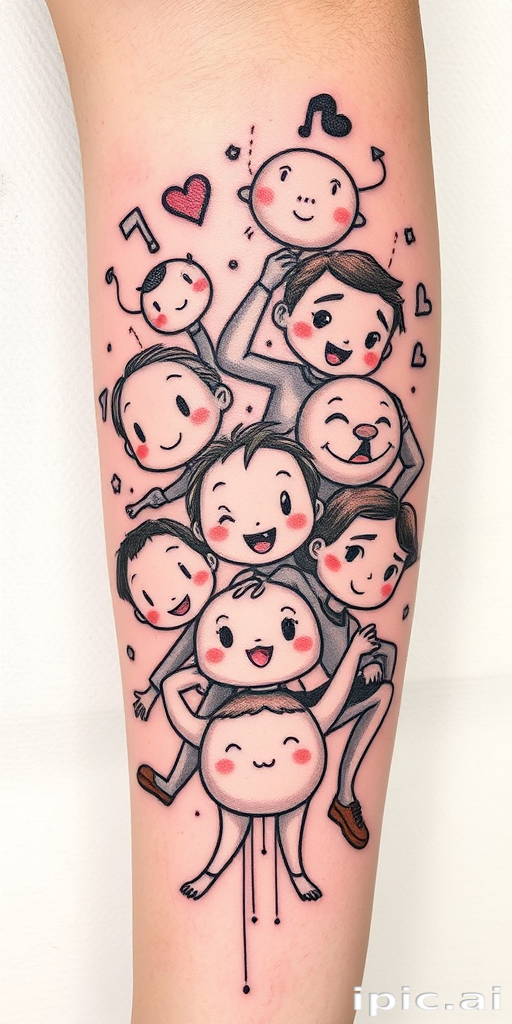 Playful "Sketch Animation" tattoo style featuring hand-drawn illustrations that appear to come to life through clever use of motion lines and multiple overlapping images, rendered in a mix of bold black outlines and subtle colored pencil shading, creating a dynamic and whimsical tattoo that tells a story through its animated aesthetic