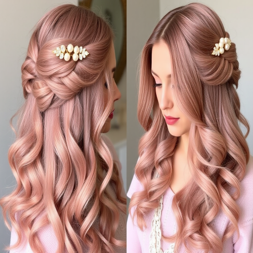 Romantic dusty rose balayage on long, flowing locks styled in loose vintage-inspired pin curls, adorned with pearl hair pins named "Victorian Blush" evoking timeless romance