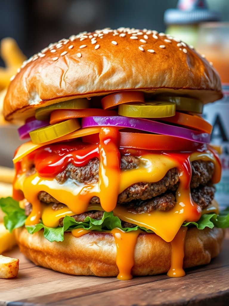 High-resolution, close-up image of a gourmet double cheeseburger. The burger features a glossy, sesame-seed-topped brioche bun. Inside, there are two thick, juicy beef patties, each topped with melted cheddar cheese. The burger is garnished with fresh lettuce, tomato slices, diced onions, and pickles. A generous amount of ketchup and a creamy, orange-colored sauce is dripping down the sides, adding to the mouth-watering appeal. In the background, there are blurred elements including a side of golden French fries and a hint of a beverage, enhancing the overall presentation of a delicious meal.