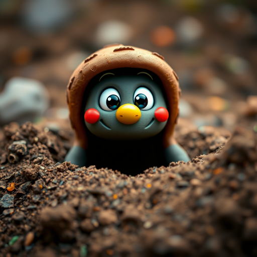 A cartoon mole character emerging from a pile of dirt, bright colors, high contrast, 50mm lens, f/2.8 aperture, 1/60 shutter speed, DSLR camera, close-up view, vibrant style