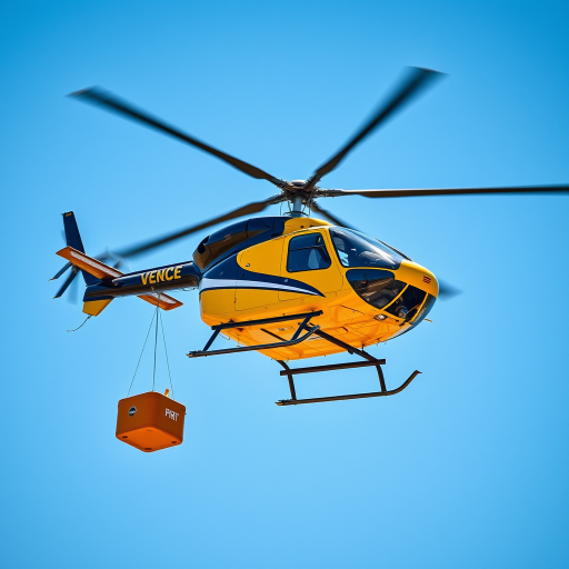 helicopter hovering with water bucket attached, bright blue sky, sharp focus, ISO 200, f/4, 1/1000 sec, aerial view, DSLR camera, high dynamic range imaging