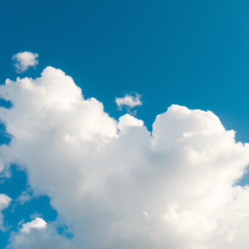 Capture a vivid blue sky with fluffy white clouds using a DSLR camera, 24mm lens, f/8 aperture, ISO 100, and a shutter speed of 1/200s from a wide angle bird's eye view to highlight details in the clouds and enhance the overall image quality.