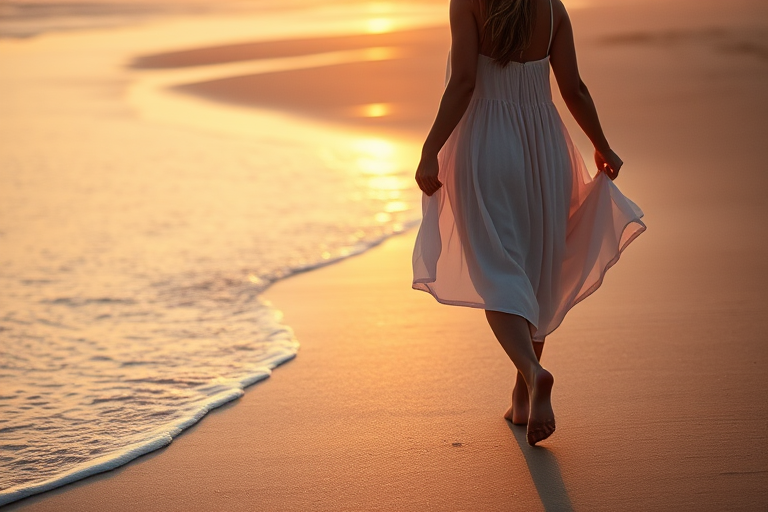 Soft-focus image of a woman in a flowy dress walking barefoot on a deserted beach at sunset, soft golden light reflecting off the water, with gentle waves lapping at the shore.