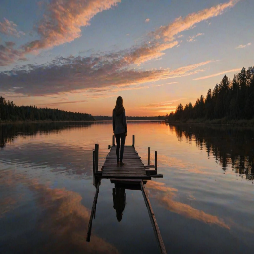 Sunset over a wide river, a woman stands on a wooden dock, her reflection visible in the calm water as she watches the last light of day fade from the sky.