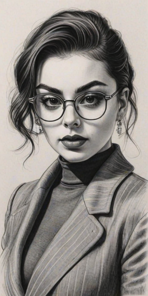Exquisite Charli XCX, pencil sketch, portrait of Elegant woman 1926s in glasses, hair style beatnik, outline, clear lines, fine lines, 8k