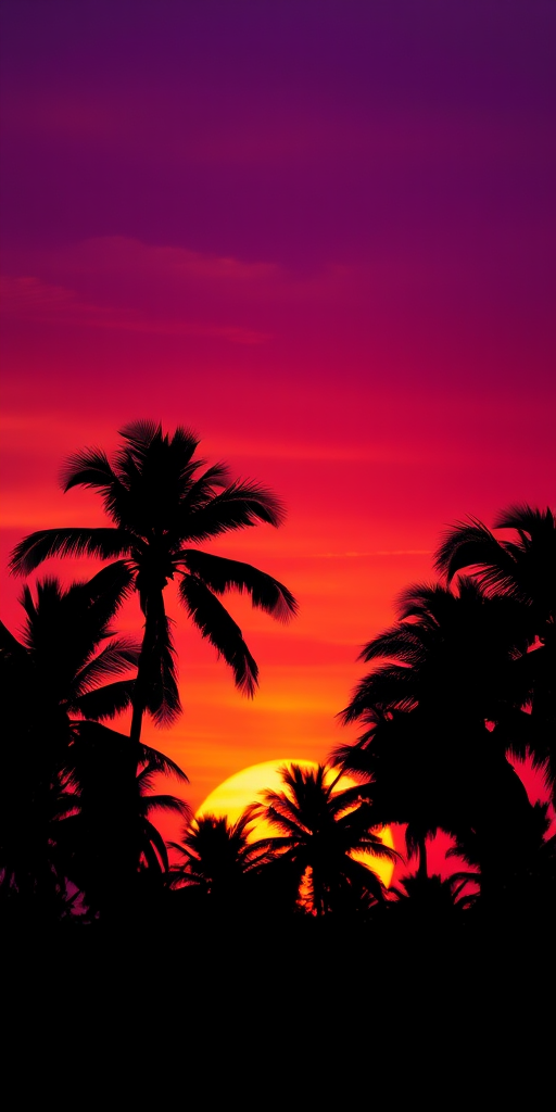 tropical sunset with silhouettes of palm trees in the foreground, vibrant purple and orange gradient sky, high dynamic range, f/8 aperture, ISO 100, 50mm lens, digital SLR camera, landscape orientation