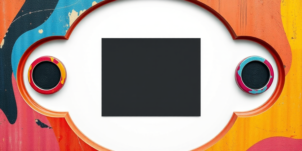 Generate a colorful, abstract frame featuring rounded edges and two circular embellishments on opposite sides, with a black center for empty space, using a Canon EOS R5 camera with a 50mm lens, aperture set to f/1.8, ISO 100, shot in natural light from a top-down view for enhanced clarity and detail.