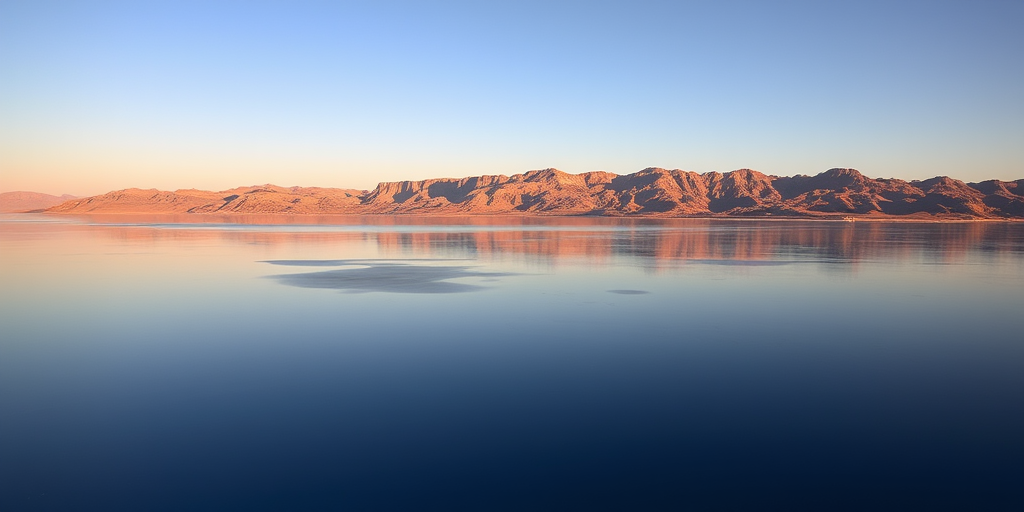 landscape of the Dead Sea with surrounding mountains in the background, captured with a Canon EOS 5D Mark IV, 70mm lens, f/8 aperture, ISO 100, at sunrise for enhanced colors and clarity