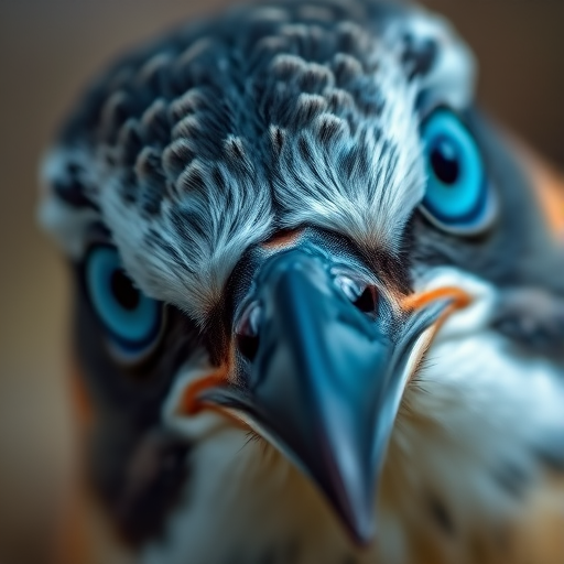 Close-up shot of a bird with striking blue eyes, using a macro lens, aperture f/2.8, ISO 100, shutter speed 1/500s, natural lighting, captured with a DSLR camera from a low angle to enhance detail and vibrancy.