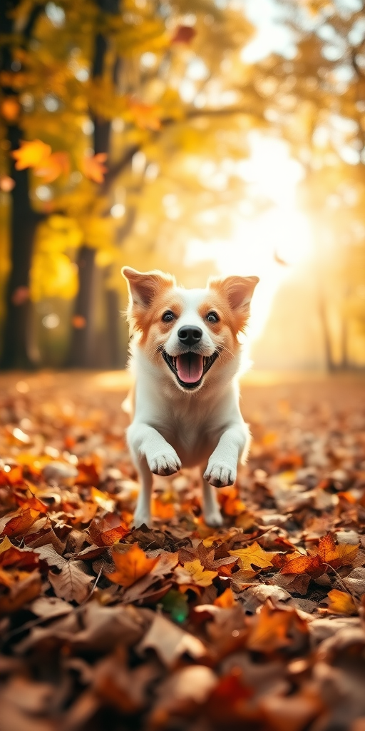 Blurry candid shot of a dog joyfully jumping into a pile of autumn leaves, with warm sunlight filtering through the trees and colorful leaves floating gently in the air.