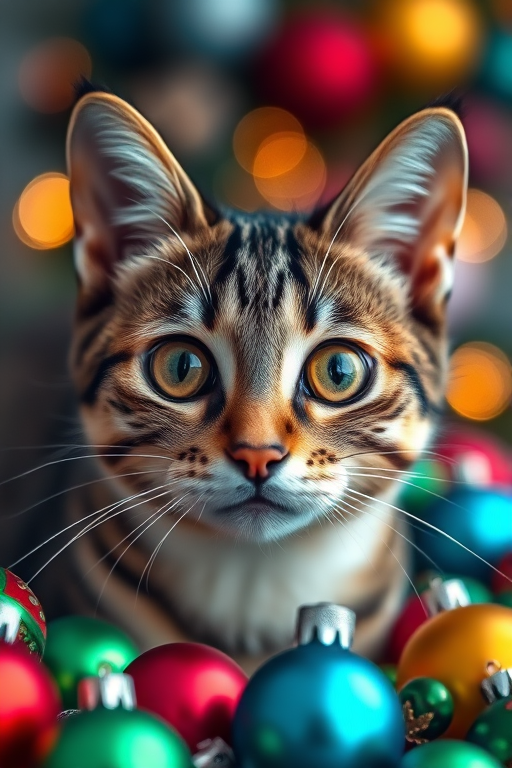 A highly detailed portrait of a striped cat with big expressive eyes, surrounded by colorful Christmas ornaments, soft bokeh background, taken with a DSLR camera at f/1.8, ISO 100, 50mm lens, natural light, shallow depth of field.