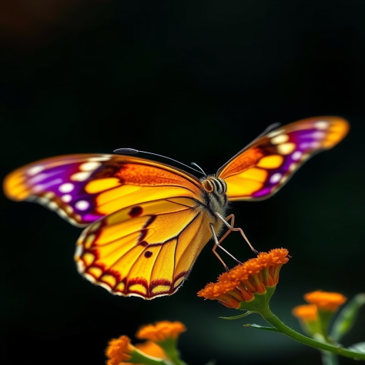 Create a highly detailed, vibrant illustration of a butterfly with yellow and purple wings, using a macro lens at f/2.8 aperture, 50mm focal length, natural lighting, and a shallow depth of field to enhance image quality against a dark background.
