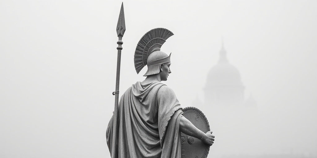 High-resolution image of a classic statue of a warrior holding a spear, overlooking a foggy backdrop with an iconic dome structure, captured with a Canon EOS R5, 50mm f/1.2 lens, ISO 100, aperture f/8, shot in black and white with a soft focus effect.