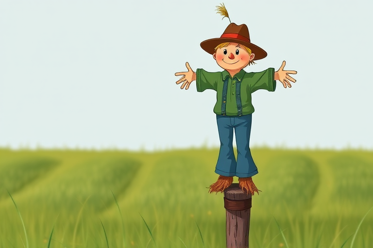 Create a high-resolution illustration of a scarecrow with a smiling face, wearing a green shirt and blue pants, standing on a wooden post in a field with grass, using a DSLR camera with a 50mm lens, f/2.8 aperture, ISO 100, and soft natural lighting to enhance colors and details.