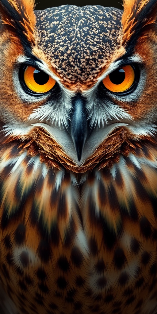 Create a highly detailed digital illustration of a fierce owl with vibrant yellow eyes and textured brown feathers, using a Canon EOS 5D Mark IV at f/2.8, ISO 100, 50mm lens, with macro photography style to enhance focus on the bird's expression and feather details.