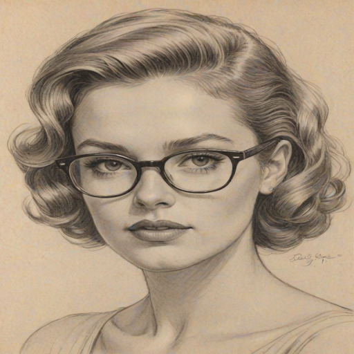 Sublime Daisy Edgar-Jones, pencil sketch, portrait of Alluring woman 1951s in glasses, hair style beatnik, outline, clear lines, fine lines, 8k