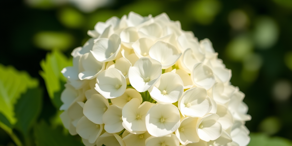 Capture a close-up of a white hydrangea flower cluster with a shallow depth of field, using a DSLR camera, aperture f/2.8, ISO 100, 50mm lens, and natural soft sunlight for enhanced detail and color vibrancy.