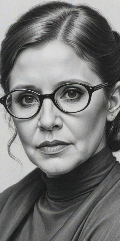 Fascinating Carrie Fisher, pencil sketch, portrait of Fascinating woman 1920s in glasses, hair style beatnik, outline, clear lines, fine lines, 8k