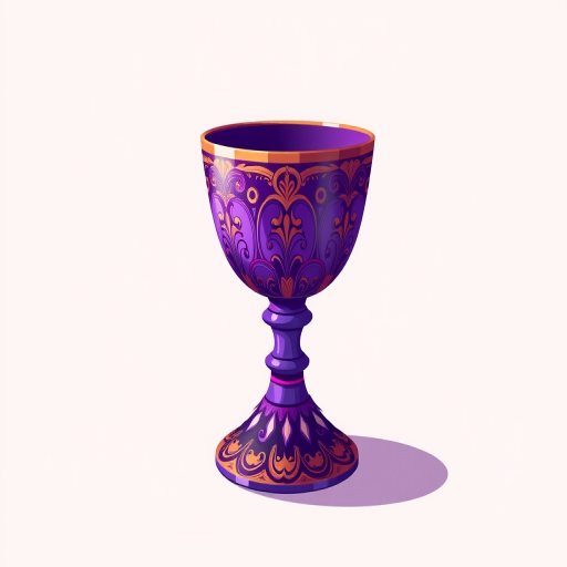 Create a high-resolution illustration of an ornate purple goblet with a swirling base, vibrant colors, soft shadows, taken from a slightly elevated angle, using a DSLR camera with a 50mm lens, aperture set to f/2.8 for depth of field.