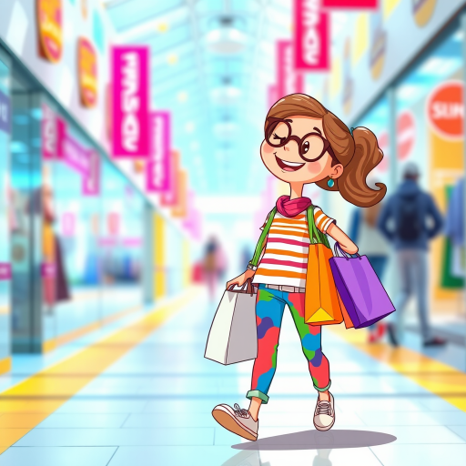 Create a vibrant and colorful cartoon character of a girl happily shopping, walking with two shopping bags, wearing a striped shirt, colorful pants, and accessories, in a bright and cheerful setting, captured with a digital camera at f/2.8, ISO 200, 50mm lens, natural lighting, shallow depth of field.