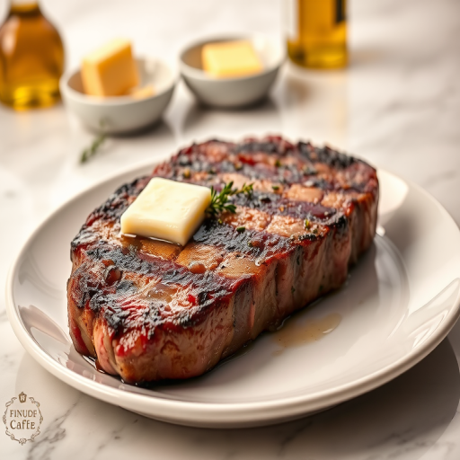 Create an image of a perfectly seared ribeye steak, resting on a white plate with a pat of melting butter on top. The steak is seasoned with fresh herbs like thyme and parsley, with glistening juices highlighting the texture of the meat. The background features a soft focus on a light, marble countertop, with a small dish of butter and an olive oil bottle in the distance. The overall mood should be warm and inviting, capturing the deliciousness and juiciness of the steak.