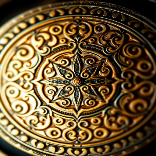 Create a highly detailed circular design featuring intricate swirls and a central symbol, shot with a DSLR camera at f/8 aperture, ISO 100, 50mm lens, macro view, natural lighting, to enhance image clarity and texture.