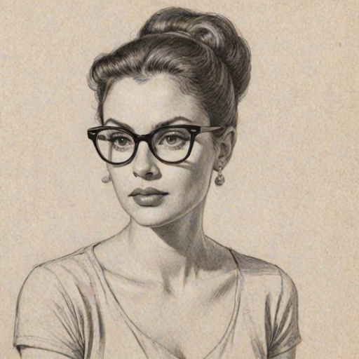 Graceful Barrett Doss, pencil sketch, portrait of Fetching woman 1956s in glasses, hair style beatnik, outline, clear lines, fine lines, 8k