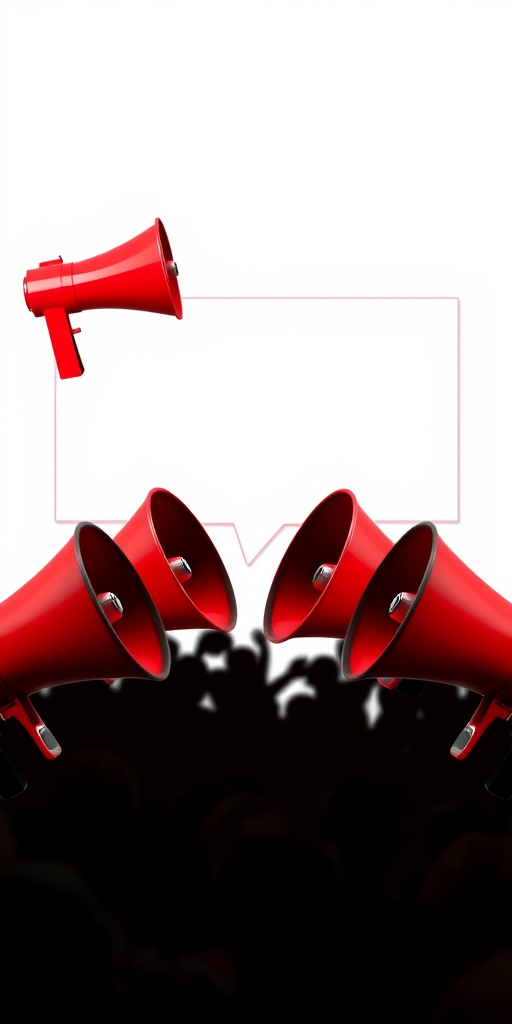 Create an image of three red megaphones arranged in a triangle with a blank speech bubble underneath, silhouette of an audience in the foreground, high-resolution, shot with a DSLR camera at f/2.8 aperture, 50mm lens, 1/200 sec shutter speed, natural lighting.